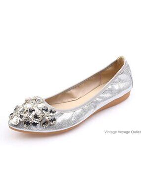 Women Foldable Ballet Flats Pointed Toe Rhinestone Slip On Wedding Shoes Faux
